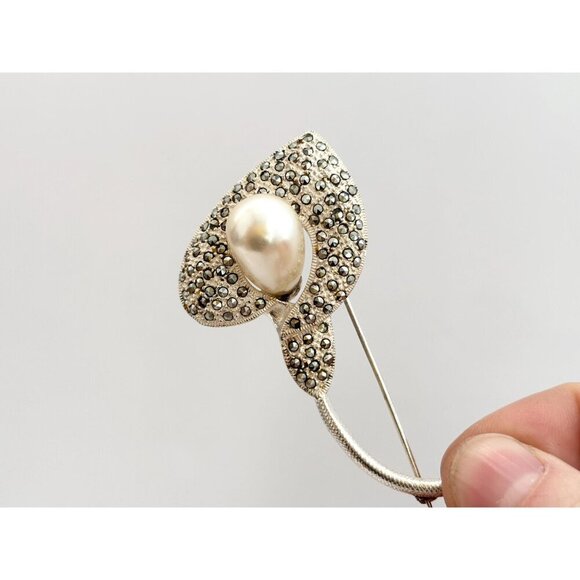 Calla Lily Art Nouveau Marcasite Sterling Vintage Faux Pearl Vintage Brooch - Picture 5 of 10